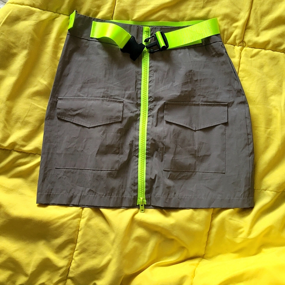 Fashion Nova Gray Mini Skirt with Neon Green Zipper light reflective fabric.